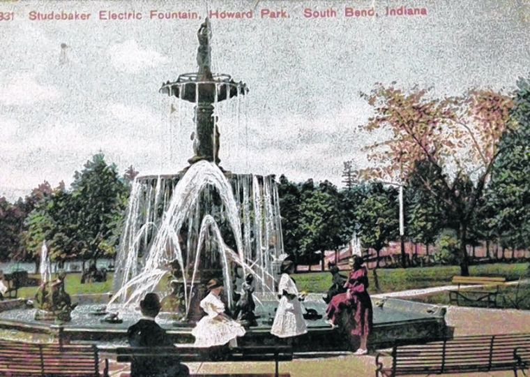 Vintage postcard of people visiting Studebaker Fountain in Howard Park