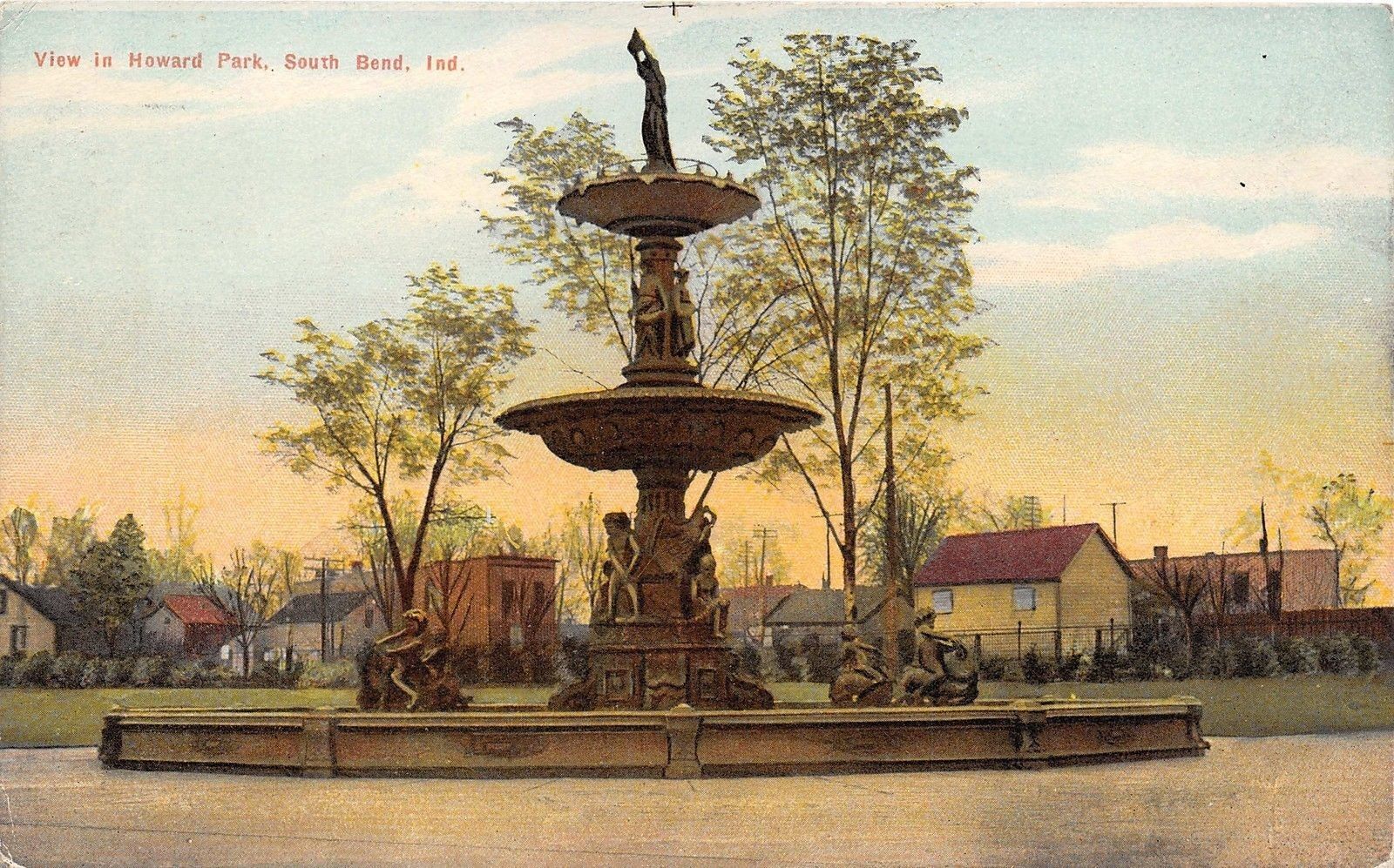 Postcard of Studebaker Fountain in Howard Park