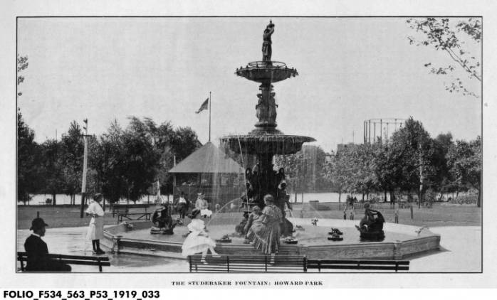 Black & White Postcard of Studebaker Fountain in Howard Park